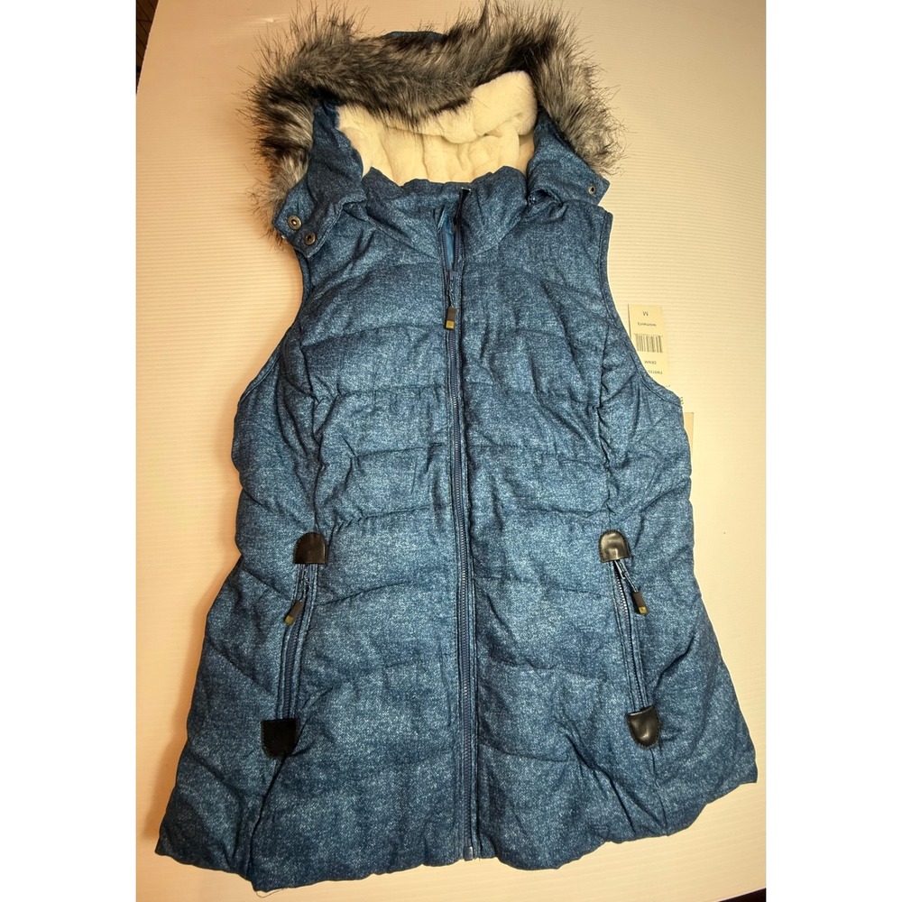 Green Tea Women's Denim Look Puffer Vest Hooded Faux Furβ Trim Medium
